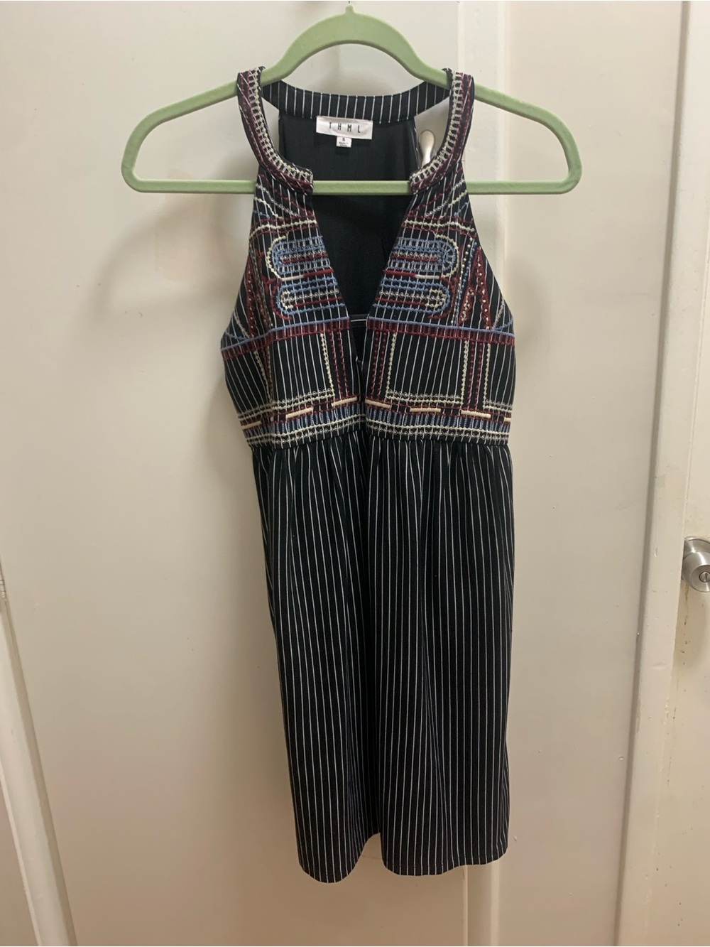 THML Navy Pinstripe Embroidered Halter Midi Dress Size Small
